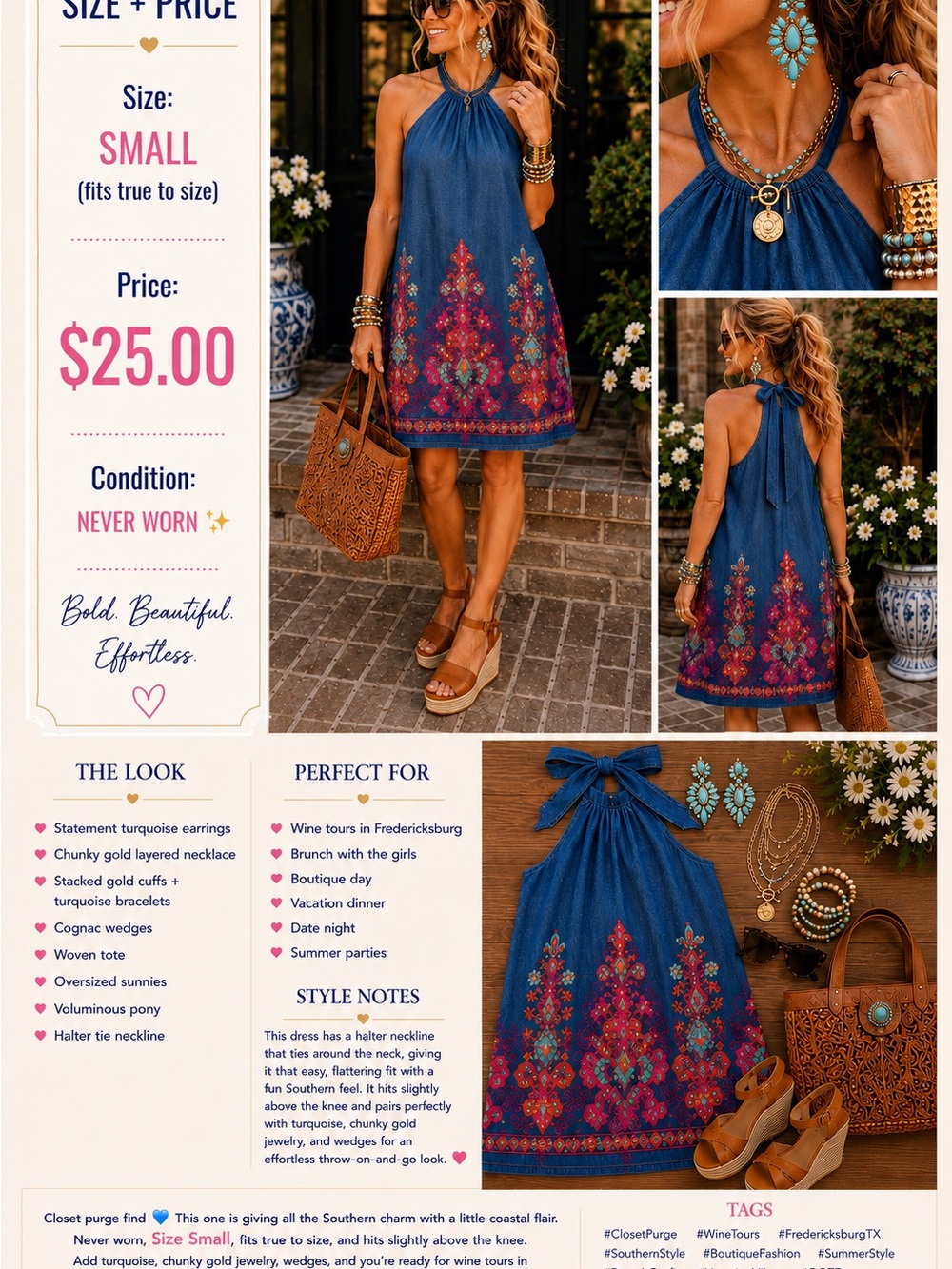 Sleeveless Blue Halter Dress with Floral Hem